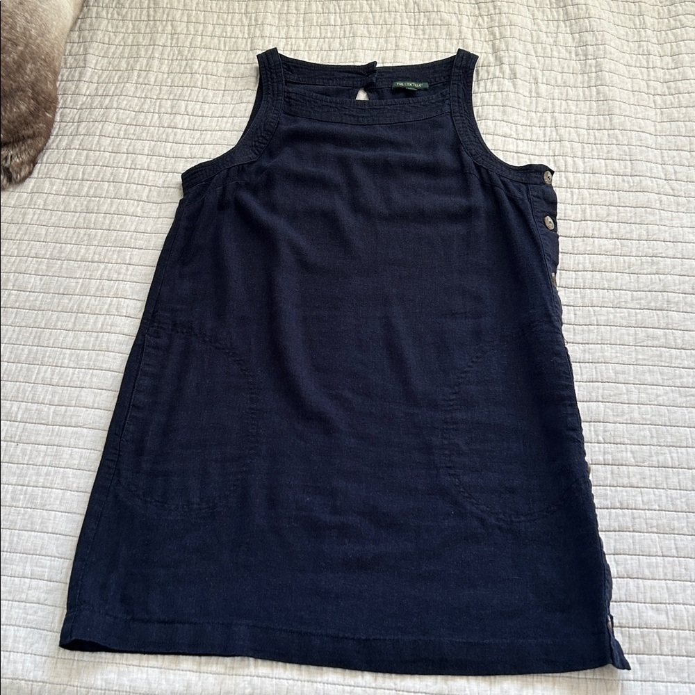 For Cynthia linen navy Boho lagenlook cottage minimalist mini dress S oversized - Picture 11 of 12